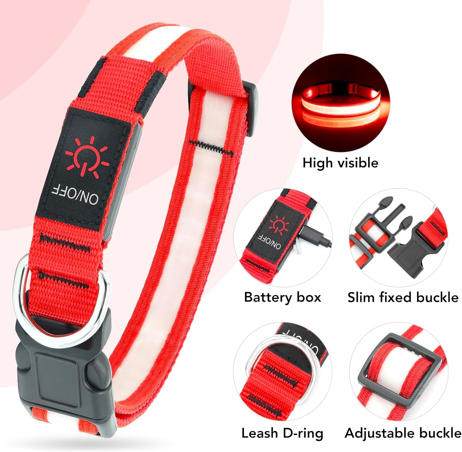 Super Bright Rechargeable LED Dog Collar - Adjustable Safety Glow for Small Dogs - Red