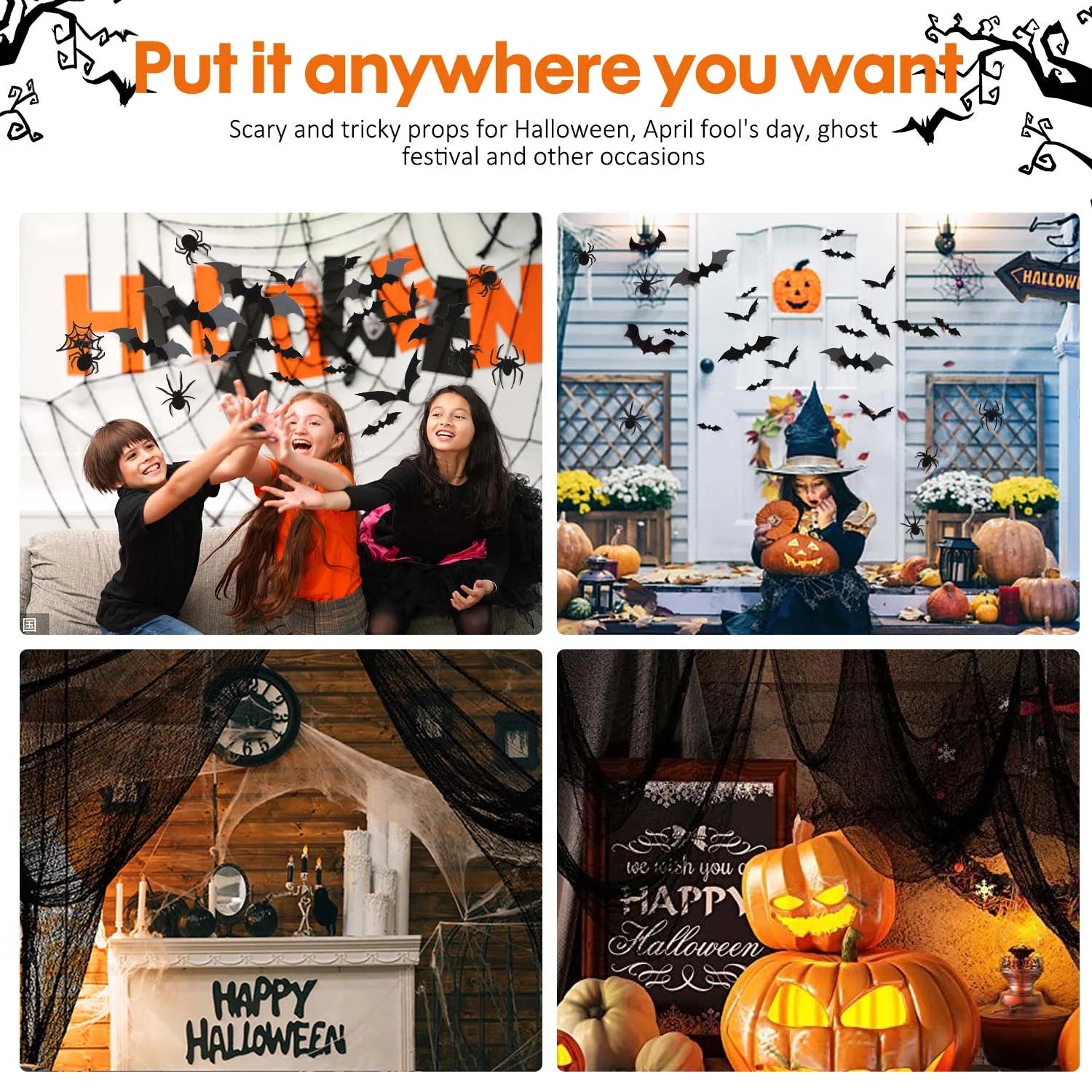 126Pcs Bat & Spider Themed Halloween Wall Decor and Window Clings