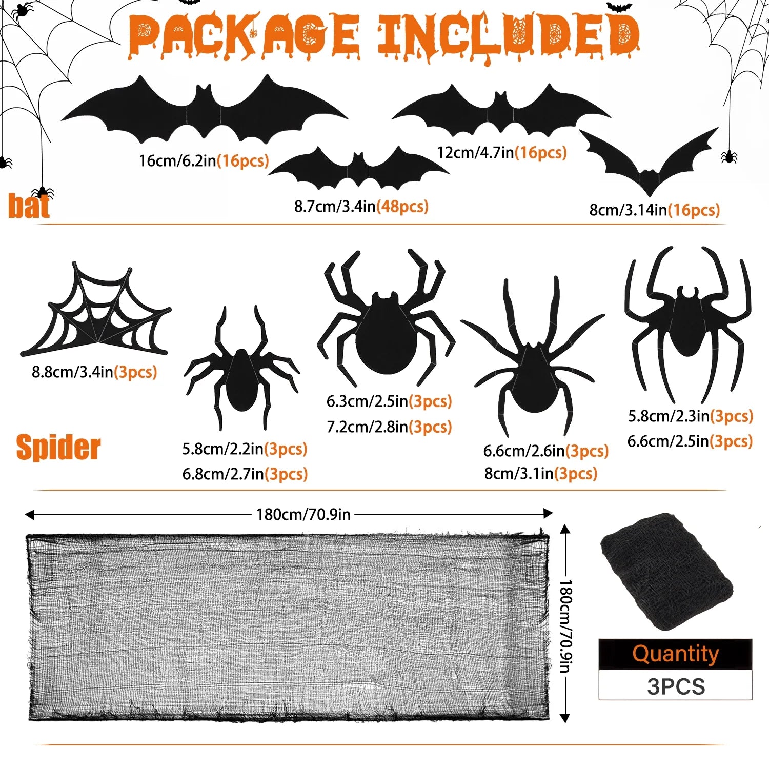126Pcs Bat & Spider Themed Halloween Wall Decor and Window Clings