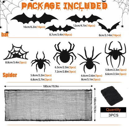 126Pcs Bat & Spider Themed Halloween Wall Decor and Window Clings