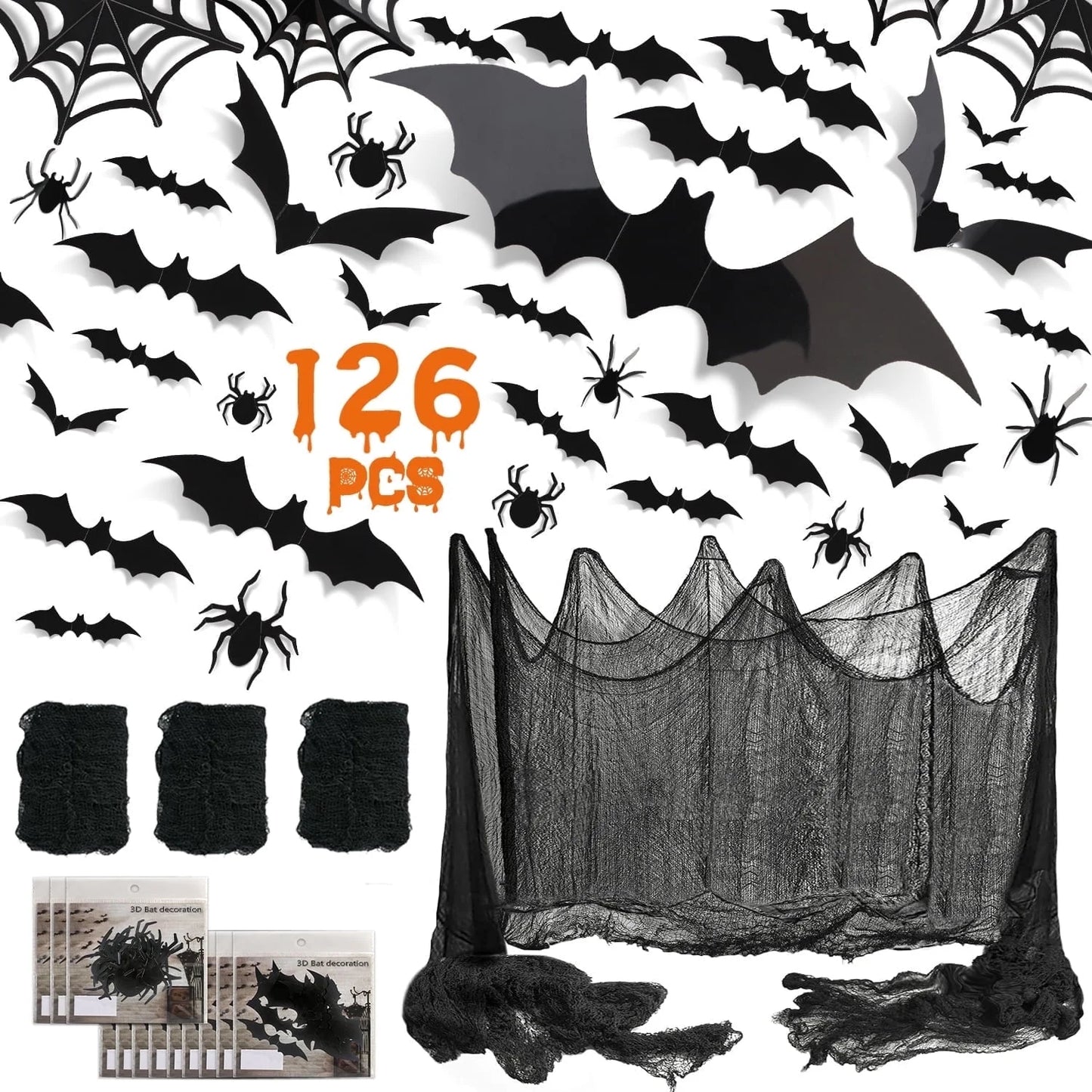 126Pcs Bat & Spider Themed Halloween Wall Decor and Window Clings