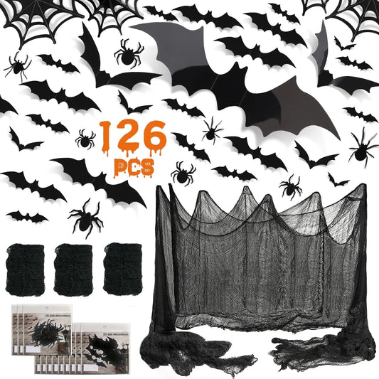 126Pcs Bat & Spider Themed Halloween Wall Decor and Window Clings