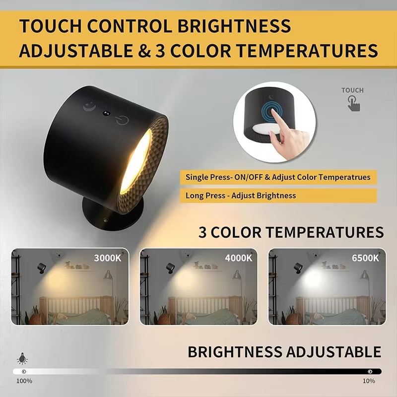 Stylish LED Double Head Wall Lamp with Touch Control - 360° Rotatable, USB Rechargeable, and Wireless Night Light for Bedroom Reading